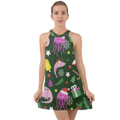 Dinosaur Colorful Funny Christmas Pattern Halter Tie Back Chiffon Dress