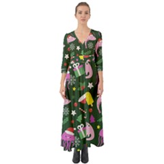 Dinosaur Colorful Funny Christmas Pattern Button Up Boho Maxi Dress