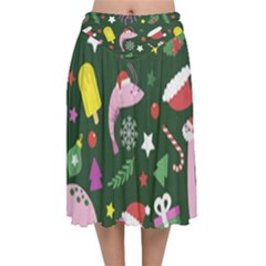 Dinosaur Colorful Funny Christmas Pattern Velvet Flared Midi Skirt