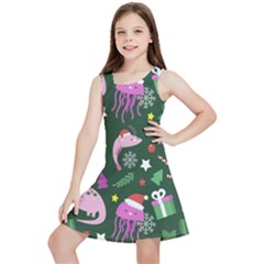 Dinosaur Colorful Funny Christmas Pattern Kids  Lightweight Sleeveless Dress by Ket1n9