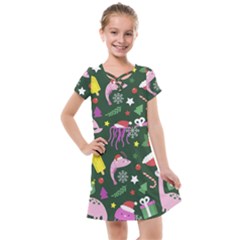 Dinosaur Colorful Funny Christmas Pattern Kids  Cross Web Dress by Ket1n9