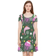 Dinosaur Colorful Funny Christmas Pattern Inside Out Cap Sleeve Dress by Ket1n9