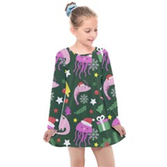 Dinosaur Colorful Funny Christmas Pattern Kids  Long Sleeve Dress by Ket1n9