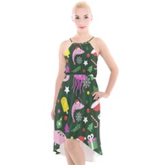 Dinosaur Colorful Funny Christmas Pattern High-low Halter Chiffon Dress  by Ket1n9