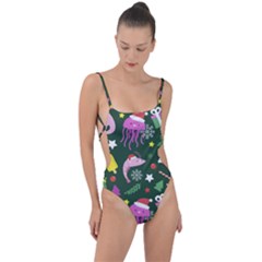 Dinosaur Colorful Funny Christmas Pattern Tie Strap One Piece Swimsuit by Ket1n9