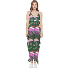 Dinosaur Colorful Funny Christmas Pattern Sleeveless Tie Ankle Chiffon Jumpsuit