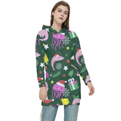 Dinosaur Colorful Funny Christmas Pattern Women s Long Oversized Pullover Hoodie