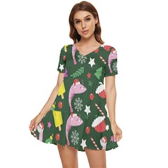 Dinosaur Colorful Funny Christmas Pattern Tiered Short Sleeve Babydoll Dress by Ket1n9