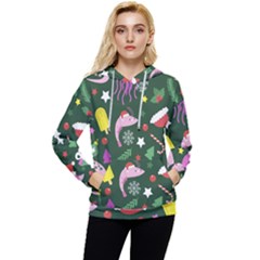 Dinosaur Colorful Funny Christmas Pattern Women s Lightweight Drawstring Hoodie