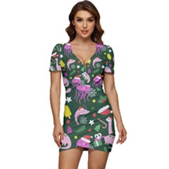 Dinosaur Colorful Funny Christmas Pattern Low Cut Cap Sleeve Mini Dress by Ket1n9