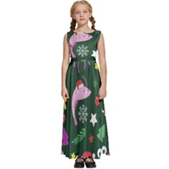 Dinosaur Colorful Funny Christmas Pattern Kids  Satin Sleeveless Maxi Dress