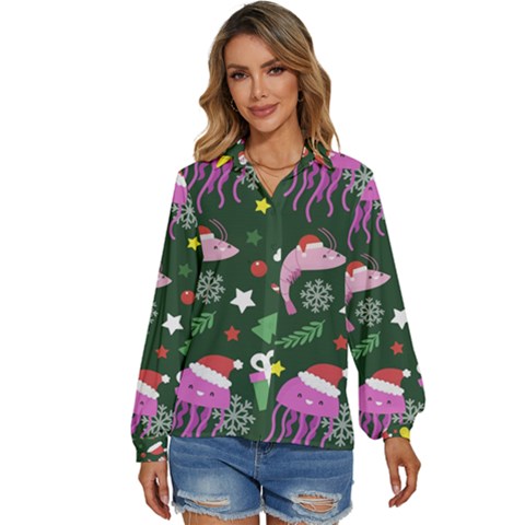 Dinosaur Colorful Funny Christmas Pattern Women s Long Sleeve Button Up Shirt by Ket1n9