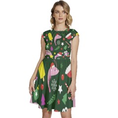 Dinosaur Colorful Funny Christmas Pattern Cap Sleeve High Waist Dress by Ket1n9