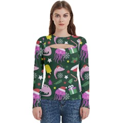 Dinosaur Colorful Funny Christmas Pattern Women s Cut Out Long Sleeve T-shirt by Ket1n9