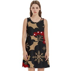 Christmas Pattern With Snowflakes Berries Round Neck Sleeve Casual Dress With Pockets by Ket1n9