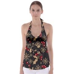 Christmas Pattern With Snowflakes Berries Tie Back Tankini Top