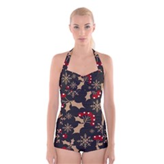 Christmas Pattern With Snowflakes Berries Boyleg Halter Swimsuit 