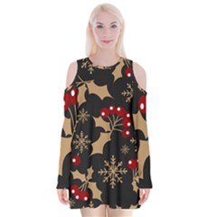 Christmas Pattern With Snowflakes Berries Velvet Long Sleeve Shoulder Cutout Dress