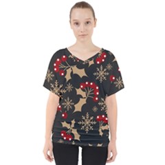 Christmas Pattern With Snowflakes Berries V-neck Dolman Drape Top