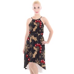 Christmas Pattern With Snowflakes Berries High-low Halter Chiffon Dress  by Ket1n9