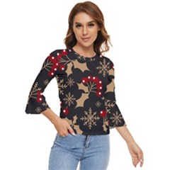 Christmas Pattern With Snowflakes Berries Bell Sleeve Top