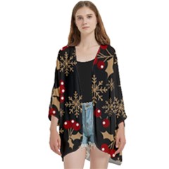 Christmas Pattern With Snowflakes Berries Open Front 3/4 Sleeve Batwing Chiffon Cardigan Kimono