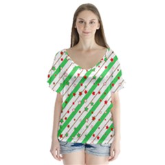 Christmas Paper Stars Pattern Texture Background Colorful Colors Seamless V-neck Flutter Sleeve Top