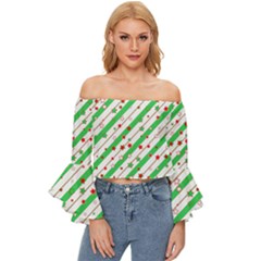 Christmas Paper Stars Pattern Texture Background Colorful Colors Seamless Off Shoulder Flutter Bell Sleeve Top