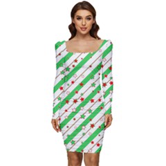 Christmas Paper Stars Pattern Texture Background Colorful Colors Seamless Women Long Sleeve Ruched Stretch Jersey Dress