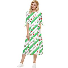 Christmas Paper Stars Pattern Texture Background Colorful Colors Seamless Bow Sleeve Chiffon Midi Dress