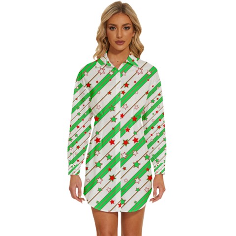 Christmas Paper Stars Pattern Texture Background Colorful Colors Seamless Womens Long Sleeve Shirt Dress by Ket1n9