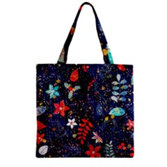 Festive Floral Pattern Christmas Blue Floral Flower Foliage Leaves Pattern Red Snow Winter Zipper Grocery Tote Bag