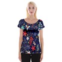 Festive Floral Pattern Christmas Blue Floral Flower Foliage Leaves Pattern Red Snow Winter Cap Sleeve Top View1