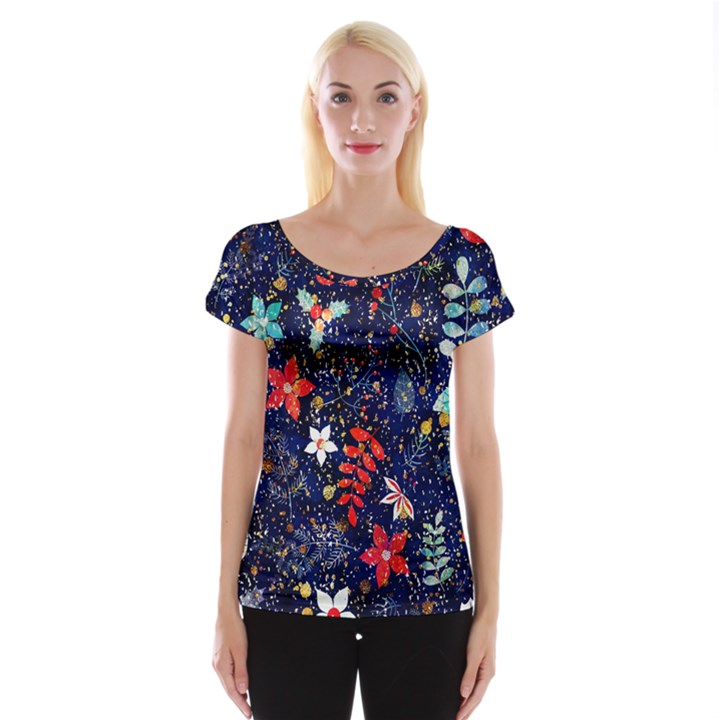 Festive Floral Pattern Christmas Blue Floral Flower Foliage Leaves Pattern Red Snow Winter Cap Sleeve Top