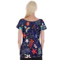 Festive Floral Pattern Christmas Blue Floral Flower Foliage Leaves Pattern Red Snow Winter Cap Sleeve Top View2