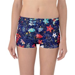 Festive Floral Pattern Christmas Blue Floral Flower Foliage Leaves Pattern Red Snow Winter Reversible Boyleg Bikini Bottoms