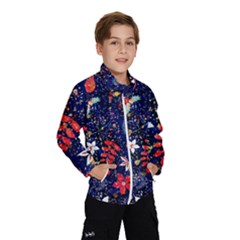 Festive Floral Pattern Christmas Blue Floral Flower Foliage Leaves Pattern Red Snow Winter Kids  Windbreaker