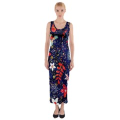 Festive Floral Pattern Christmas Blue Floral Flower Foliage Leaves Pattern Red Snow Winter Fitted Maxi Dress