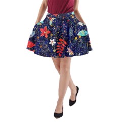 Festive Floral Pattern Christmas Blue Floral Flower Foliage Leaves Pattern Red Snow Winter A-line Pocket Skirt