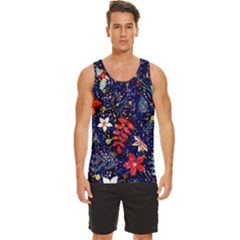 Festive Floral Pattern Christmas Blue Floral Flower Foliage Leaves Pattern Red Snow Winter Men s Wide Collar Tank Top