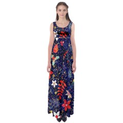 Festive Floral Pattern Christmas Blue Floral Flower Foliage Leaves Pattern Red Snow Winter Empire Waist Maxi Dress