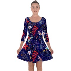 Festive Floral Pattern Christmas Blue Floral Flower Foliage Leaves Pattern Red Snow Winter Quarter Sleeve Skater Dress