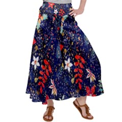 Festive Floral Pattern Christmas Blue Floral Flower Foliage Leaves Pattern Red Snow Winter Women s Satin Palazzo Pants