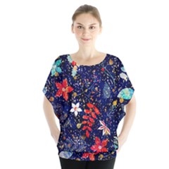 Festive Floral Pattern Christmas Blue Floral Flower Foliage Leaves Pattern Red Snow Winter Batwing Chiffon Blouse