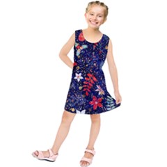 Festive Floral Pattern Christmas Blue Floral Flower Foliage Leaves Pattern Red Snow Winter Kids  Tunic Dress