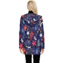 Festive Floral Pattern Christmas Blue Floral Flower Foliage Leaves Pattern Red Snow Winter Button Up Hooded Coat  View2