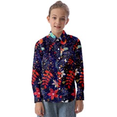 Festive Floral Pattern Christmas Blue Floral Flower Foliage Leaves Pattern Red Snow Winter Kids  Long Sleeve Shirt