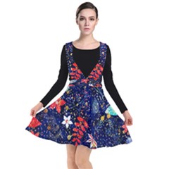 Festive Floral Pattern Christmas Blue Floral Flower Foliage Leaves Pattern Red Snow Winter Plunge Pinafore Dress