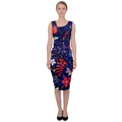 Festive Floral Pattern Christmas Blue Floral Flower Foliage Leaves Pattern Red Snow Winter Sleeveless Pencil Dress