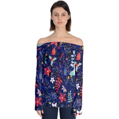 Festive Floral Pattern Christmas Blue Floral Flower Foliage Leaves Pattern Red Snow Winter Off Shoulder Long Sleeve Top